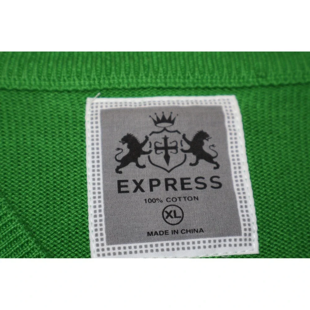Express V-Neck Sweater Mens XL Green Cotton Lion Logo Long Sleeve Pullover